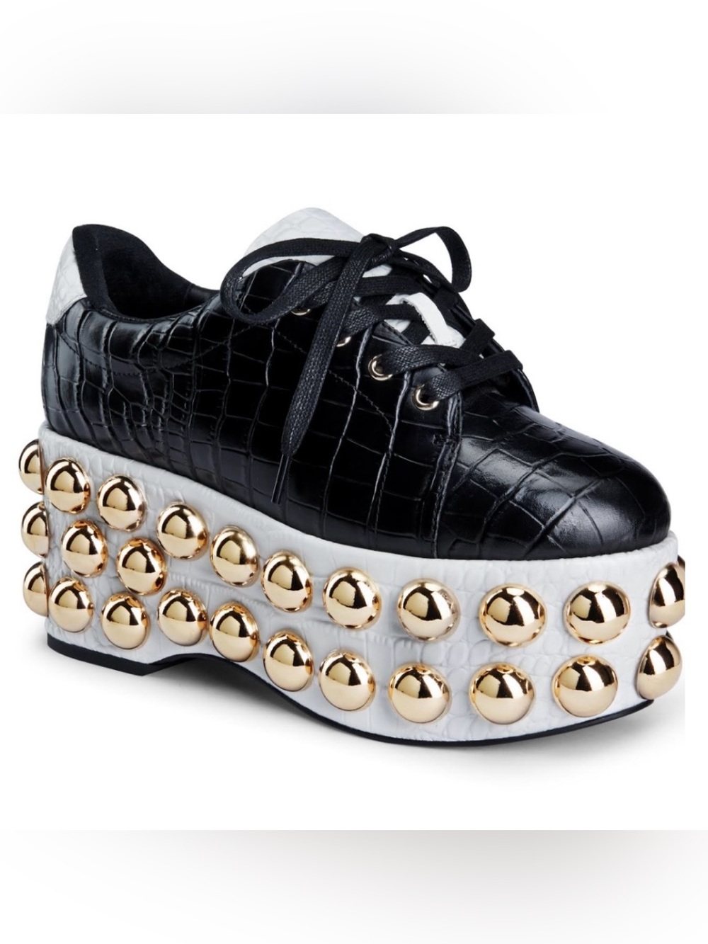 Jennifer Le Black Croc-Embossed Platform Sneaker with Gold Studs